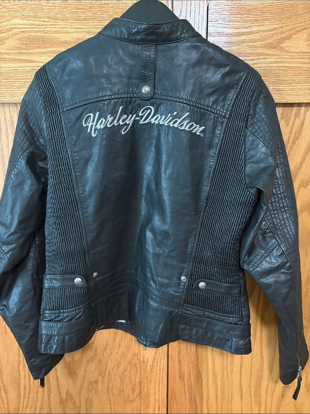 Harley-Davidson Black Women's Leather Motorcycle Jacket with Script Logo Large